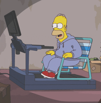 Homer sitting on treadmill