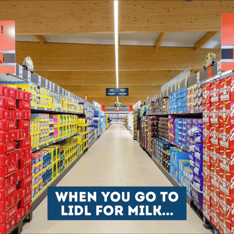 Gif of a person who went to Lidl to buy milk but left with random stuff like a power drill