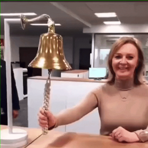 Gif with Liz Truss ringing a bell but it falling over making her look silly