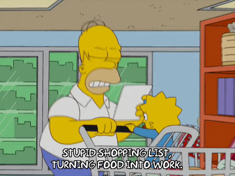 Simpsons gif of Homer at the supermarket complaining about shopping lists
