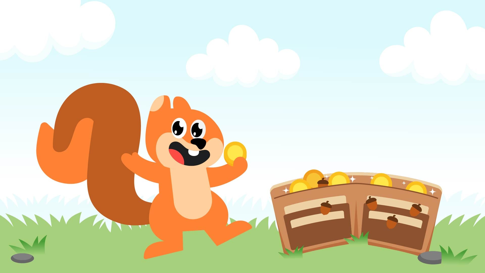 A happy cartoon squirrel holding a coin next to a wallet full of coins and acorns.