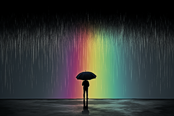 Man under umbrella with rainbow, symbolising financial security of a rainy day fund.
