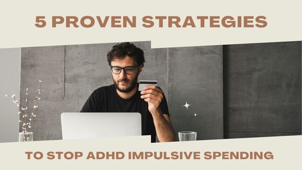 A man holding a credit card while looking at a laptop, representing strategies to manage ADHD impulsive spending