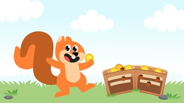 A happy cartoon squirrel holding a coin next to a wallet full of coins and acorns.