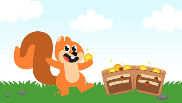 A happy cartoon squirrel holding a coin next to a wallet full of coins and acorns.